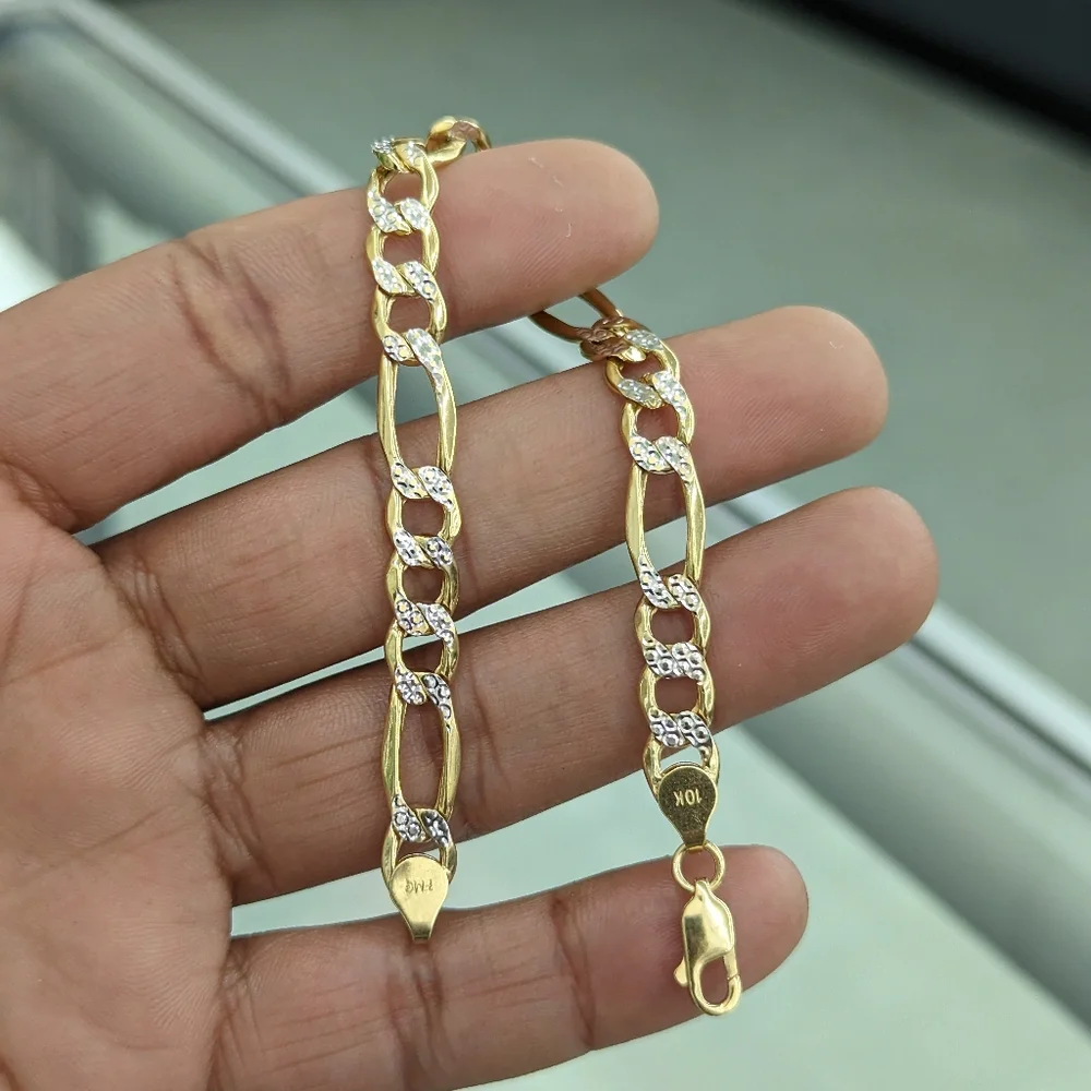 10kt Real Gold Figaro Diamond Cut Bracelet 8.1mm 8 Inch - Picture 1 of 11